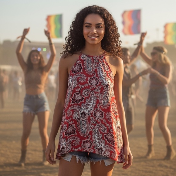 American Eagle Paisley Halter Tunic Tank Top Red Flowy Boho Resort Concert M - Picture 3 of 11